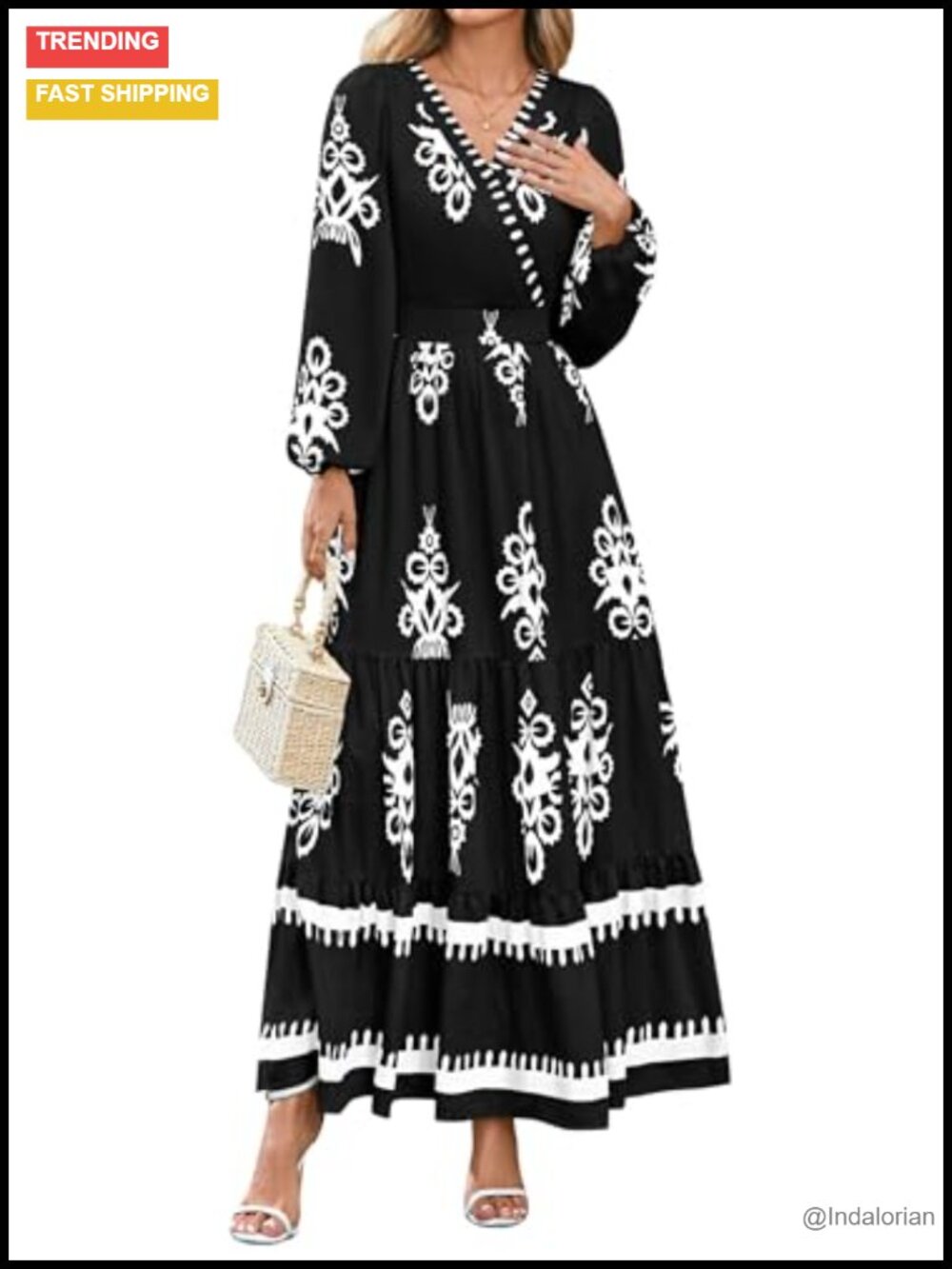 Women's Long Sleeve Floral Boho Maxi Dress V Neck Smocked A Line